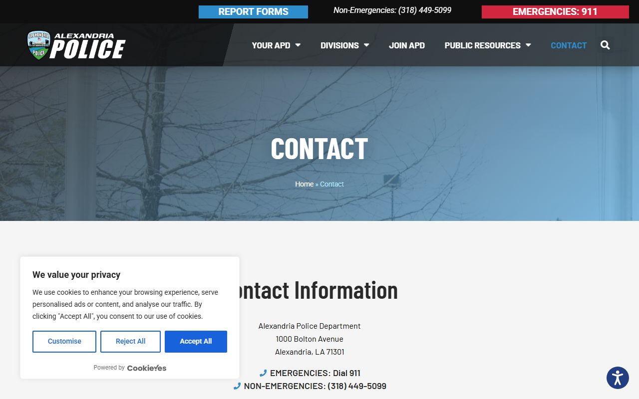 Alexandria Police Department contact page for booking releases and records requests