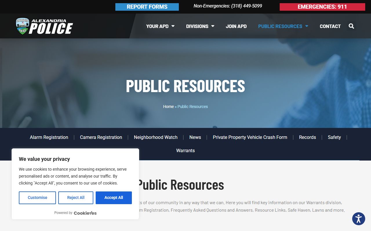 Alexandria Police Department public resources page for booking releases and records access