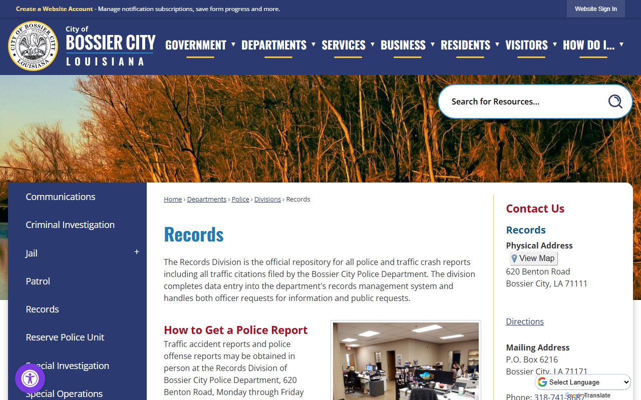 Bossier City Police records division for booking releases and arrest record requests