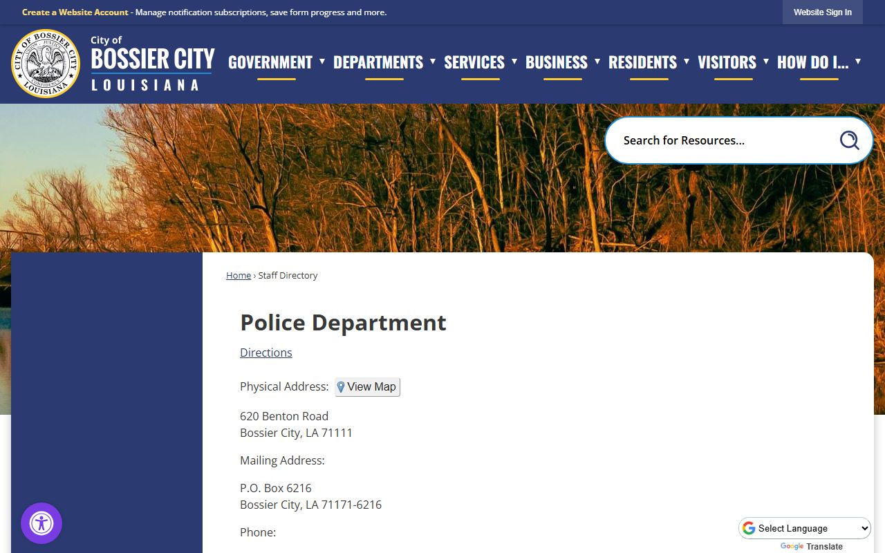 Bossier City Police Department staff directory for records and booking release contacts