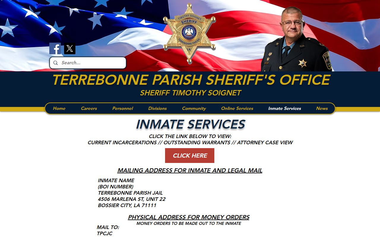 Terrebonne Parish Sheriff's Office inmate services page for Houma booking releases