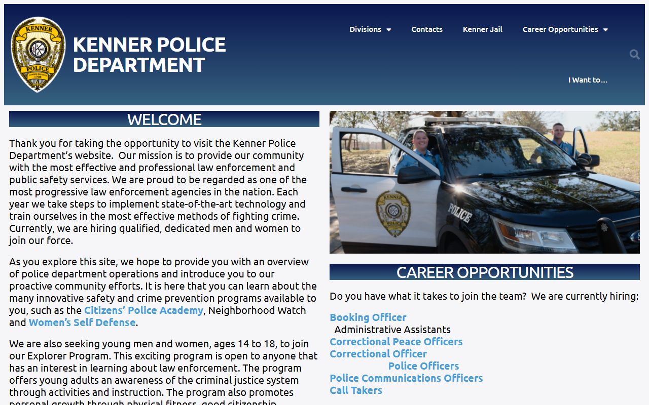 Kenner Police Department website showing Jefferson Parish law enforcement resources for booking releases