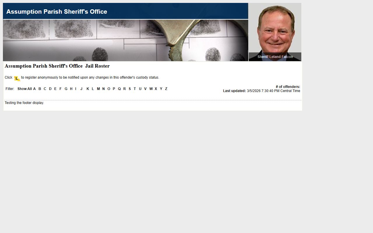 Assumption Parish LAVINE roster for booking releases and custody data