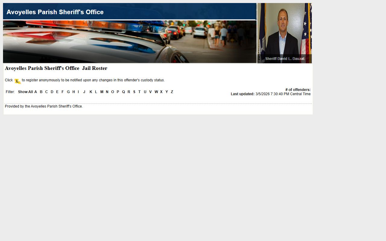 Avoyelles Parish LAVINE roster showing booking releases and current inmate custody