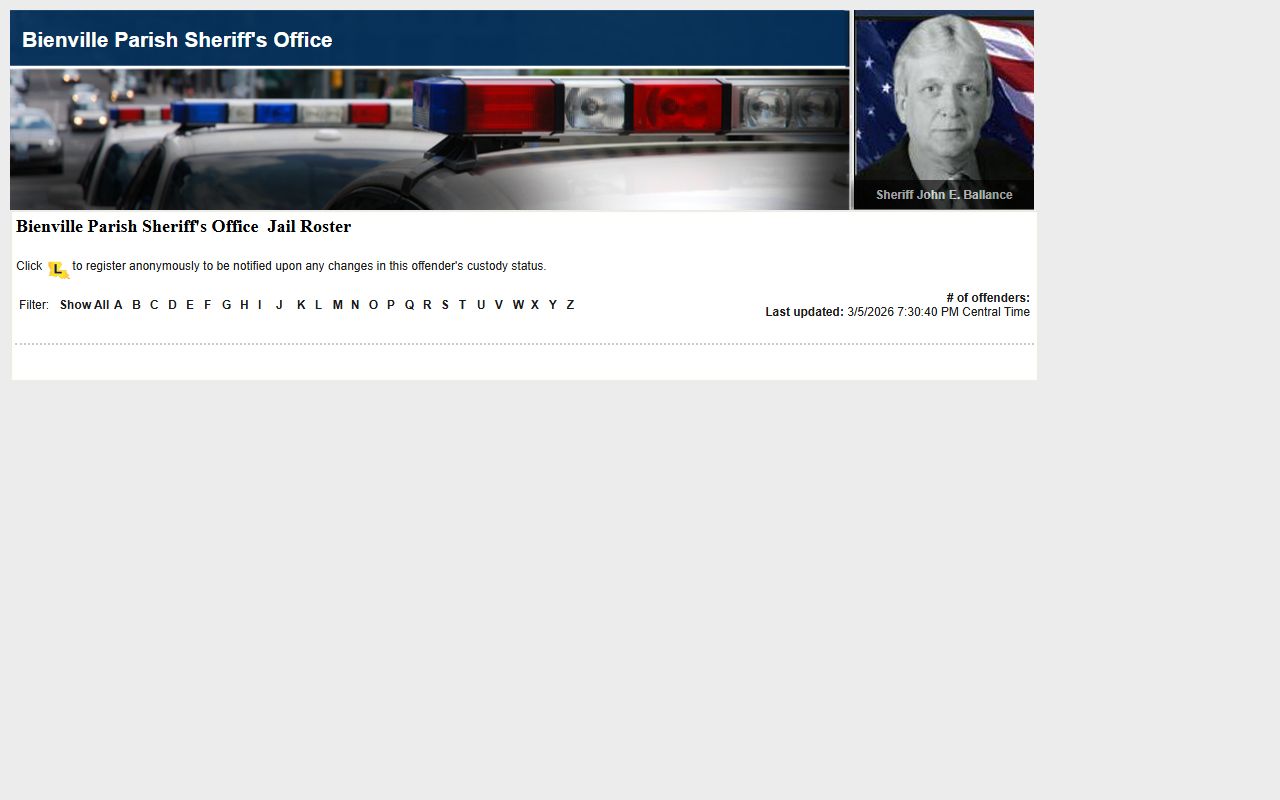 Bienville Parish LAVINE roster for booking releases and inmate custody status