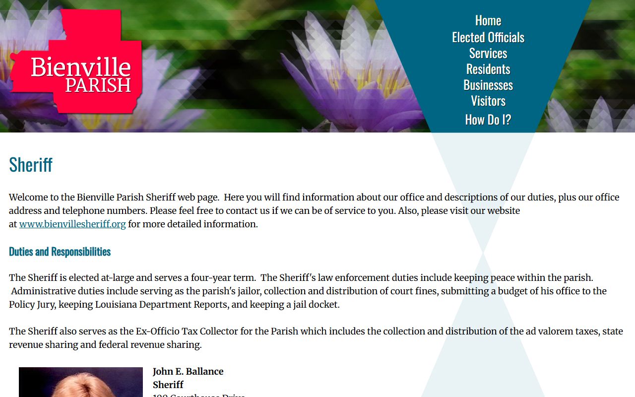 Bienville Parish Sheriff's Office page showing booking release resources