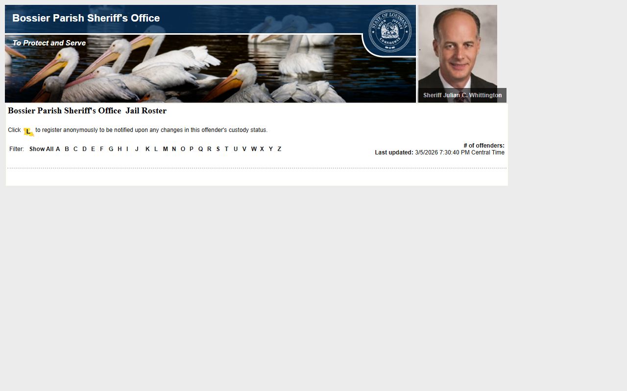 Bossier Parish LAVINE roster for booking releases and inmate custody data