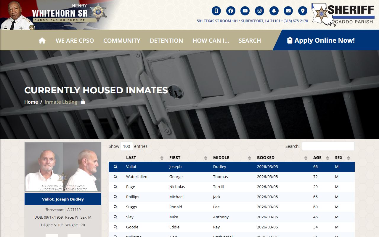 Caddo Parish Sheriff's Office inmate search for booking releases and current detainees
