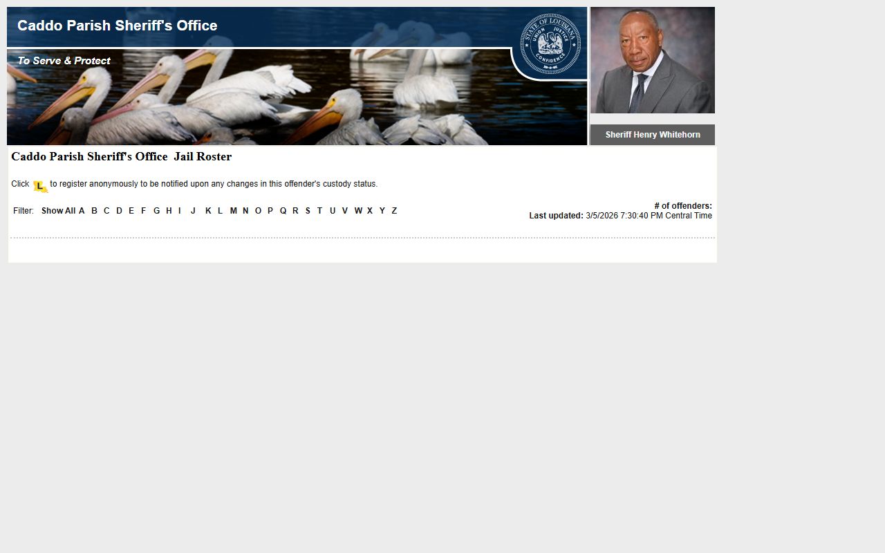 Caddo Parish LAVINE roster for booking releases and inmate custody