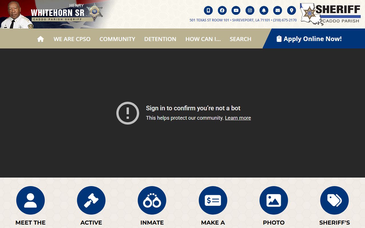 Caddo Parish Sheriff's Office main website with booking release resources