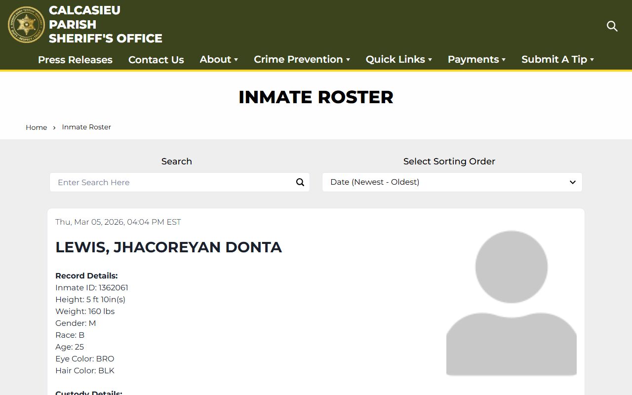 Calcasieu Parish Sheriff's Office inmate roster for booking releases and custody data