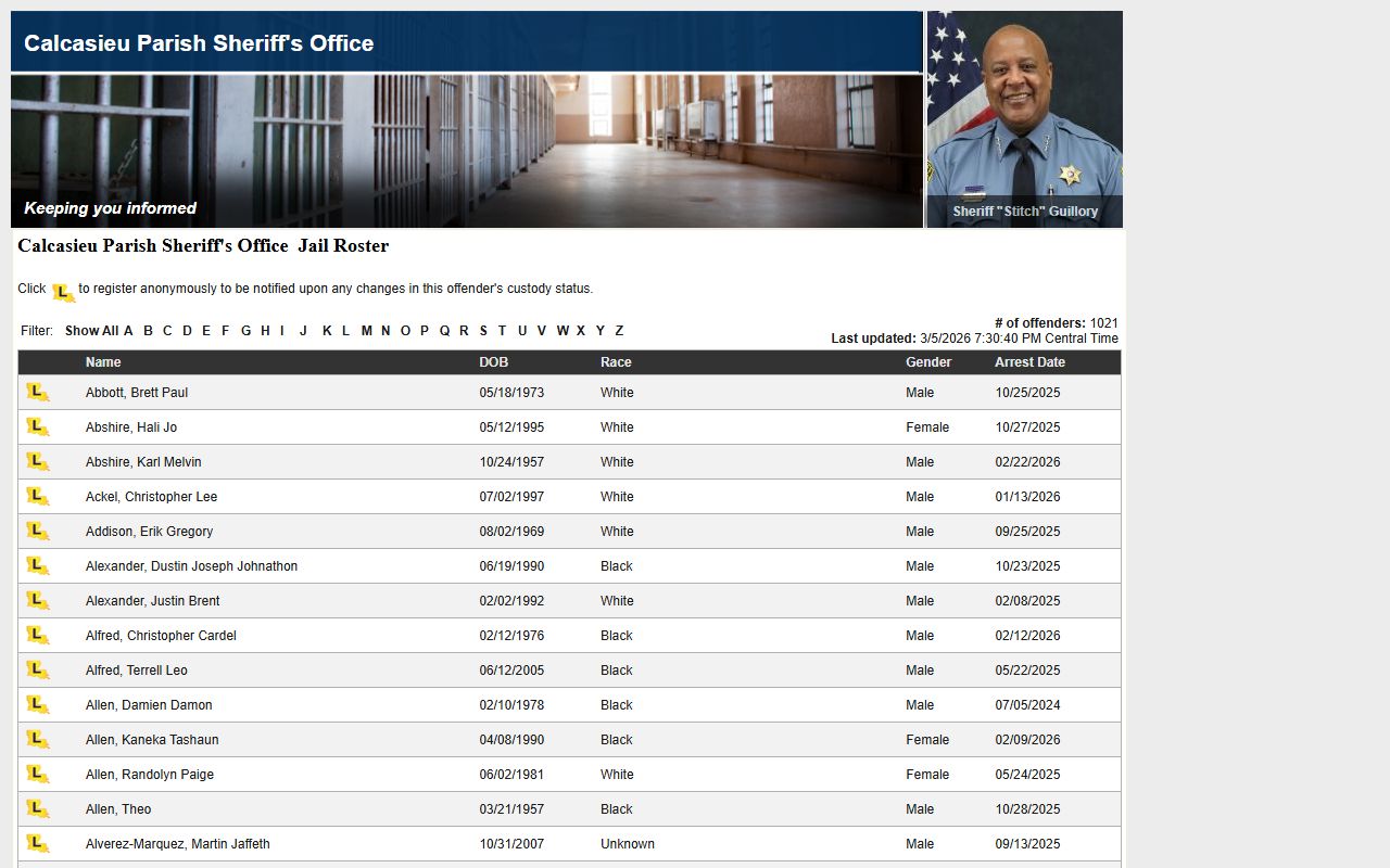 Calcasieu Parish LAVINE roster for booking releases and inmate custody status