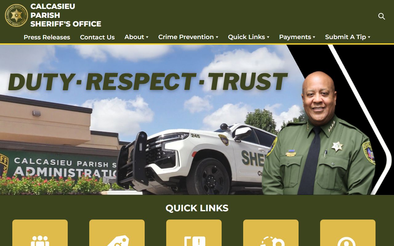 Calcasieu Parish Sheriff's Office main website with booking release information
