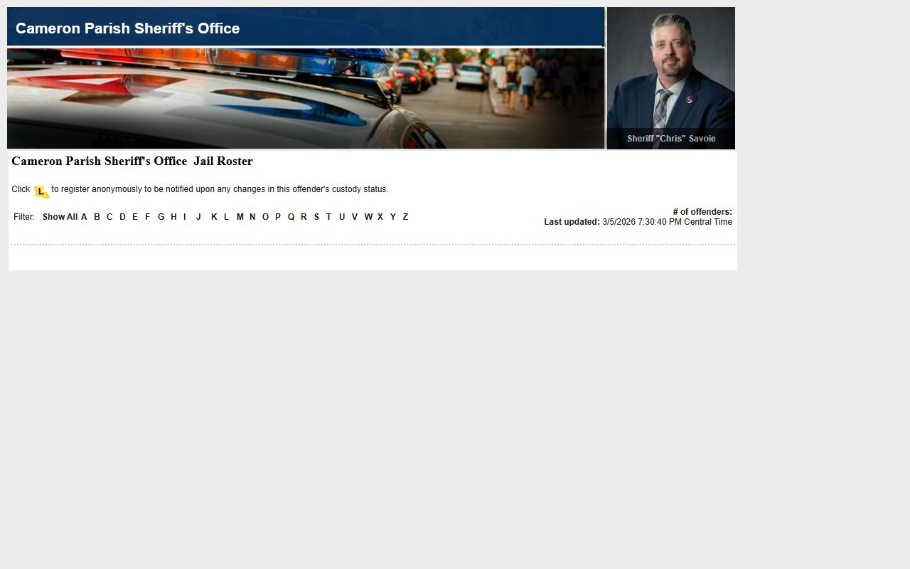 Cameron Parish LAVINE roster for booking releases and inmate custody status