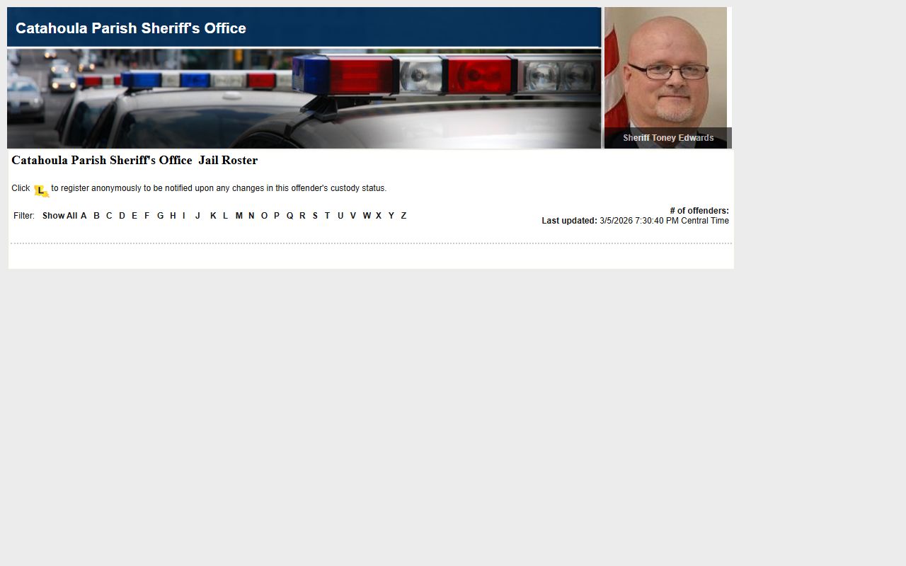 Catahoula Parish LAVINE roster for booking releases and current inmate custody