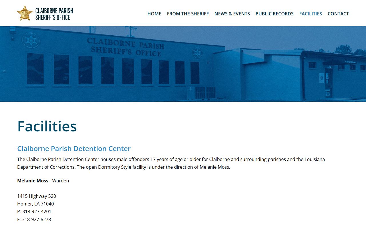 Claiborne Parish detention facilities page with booking release and inmate custody details
