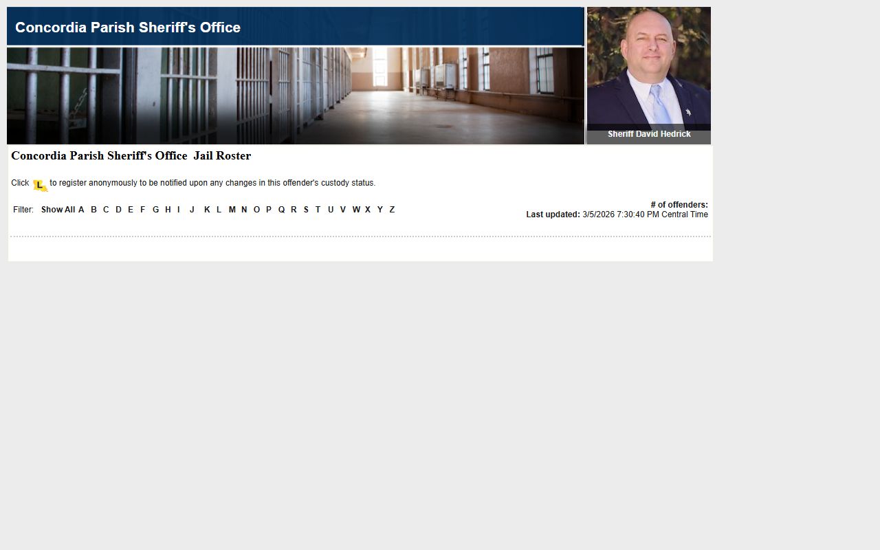 Concordia Parish LAVINE roster for booking releases and current inmate custody