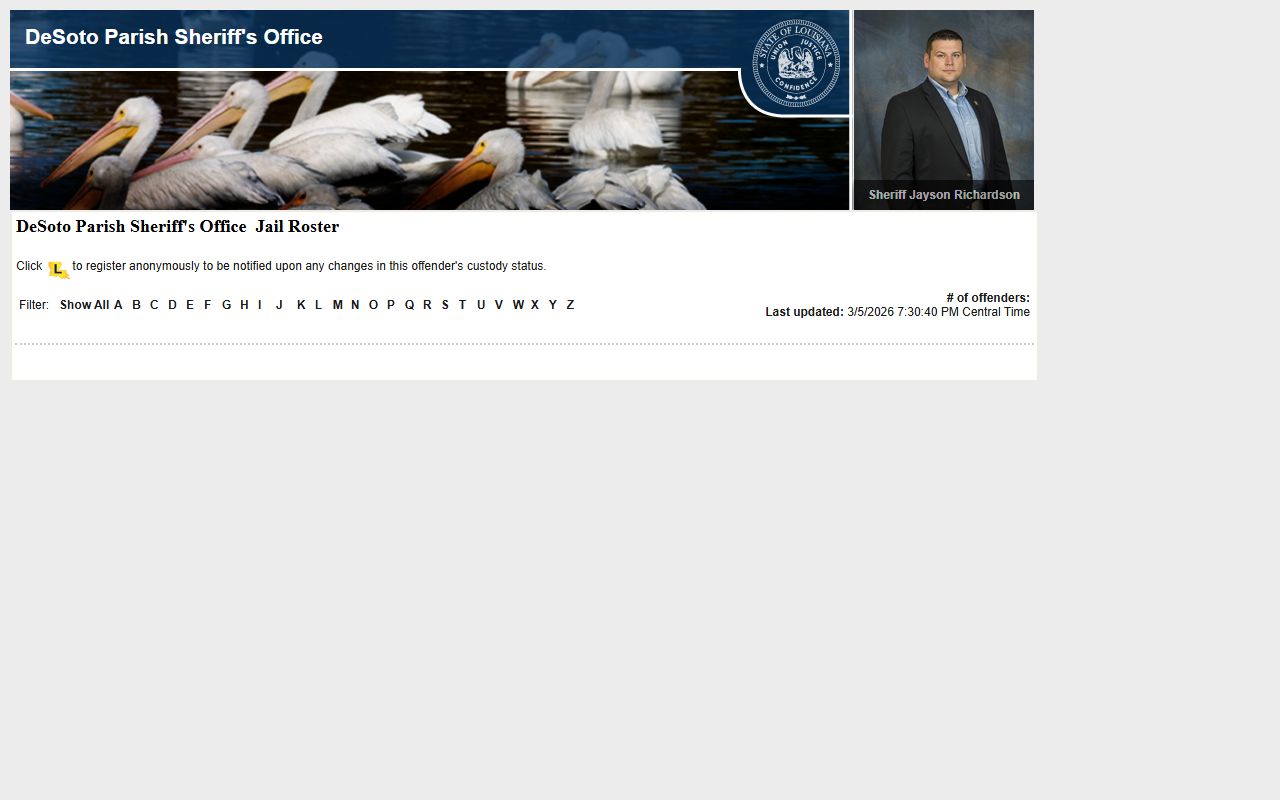 DeSoto Parish LAVINE roster for booking releases and current inmate custody status