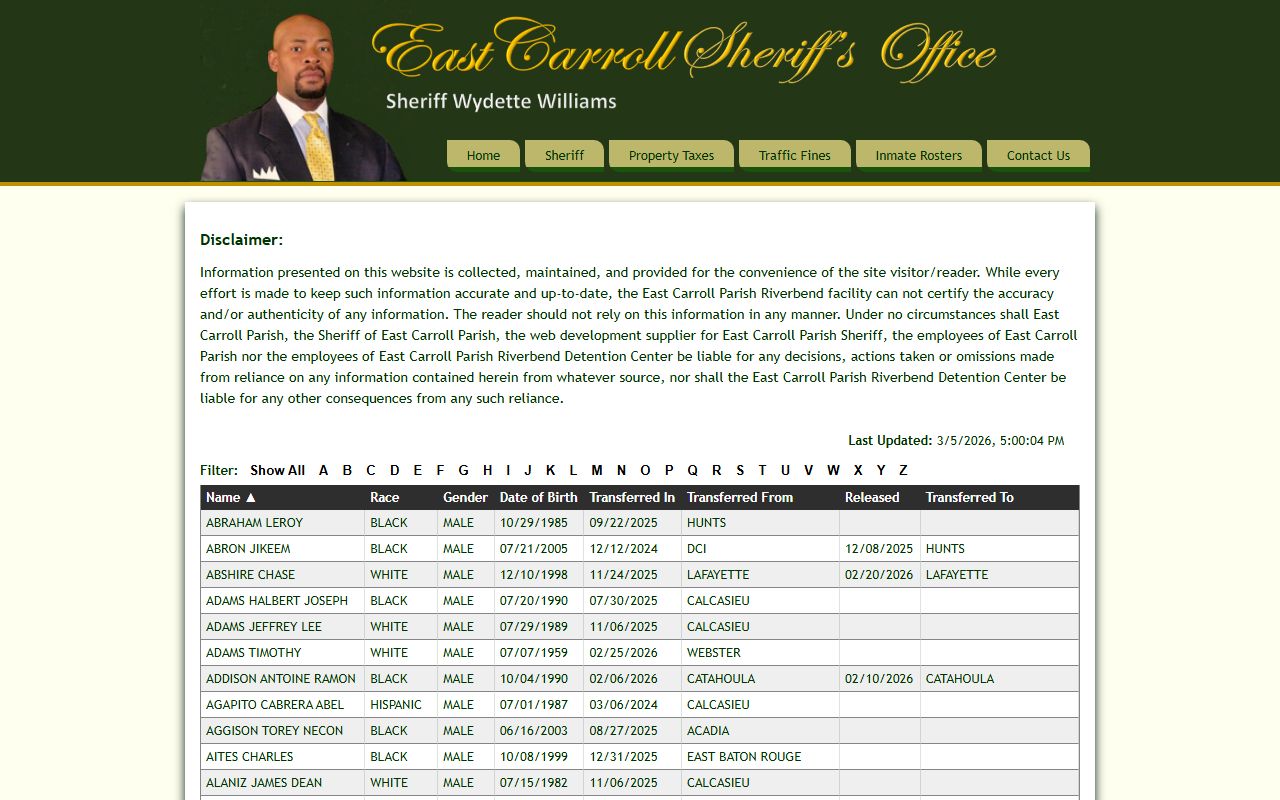 East Carroll Parish Sheriff's Office inmate rosters for booking releases