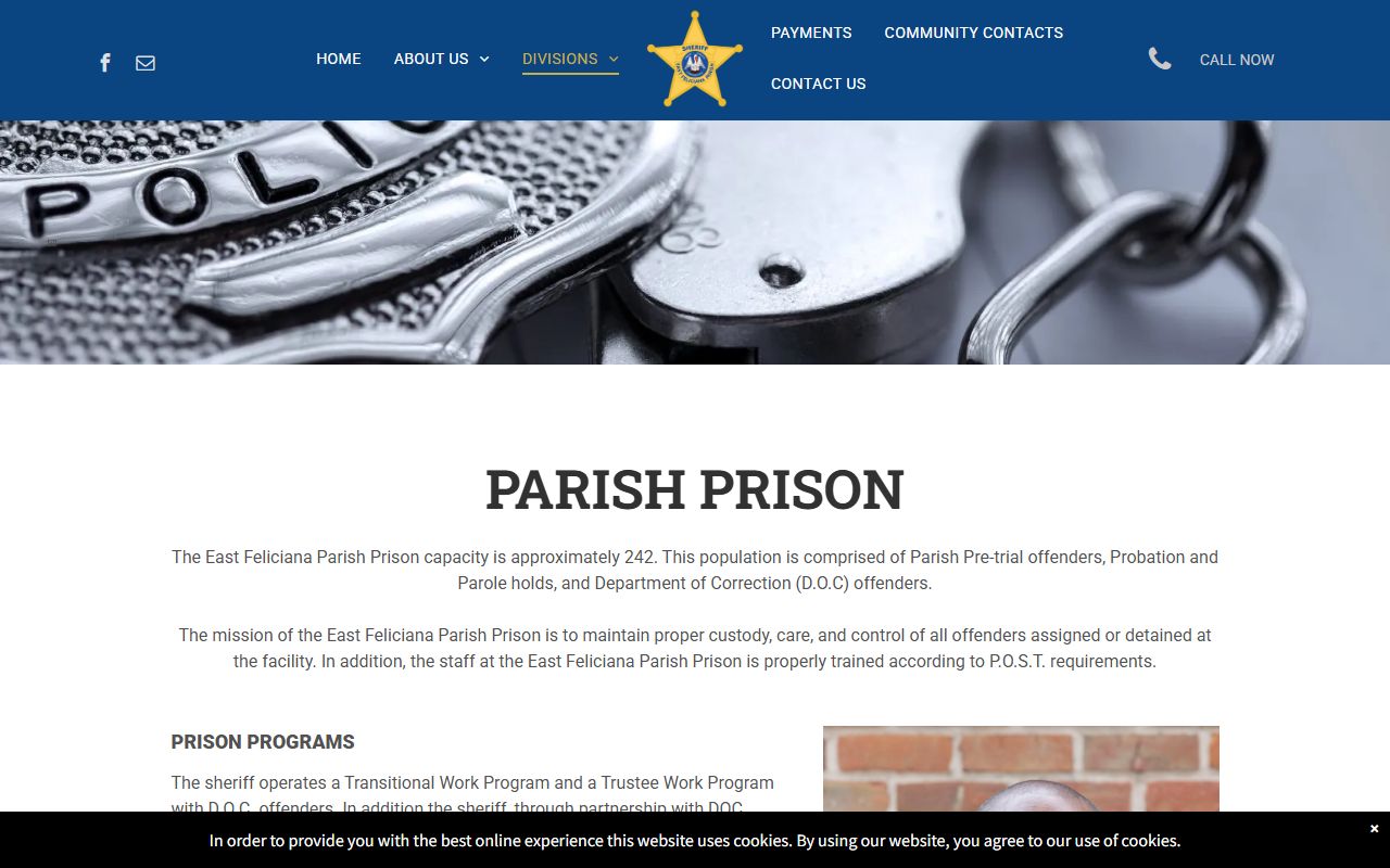 East Feliciana Parish Sheriff's Office parish prison page with booking release information