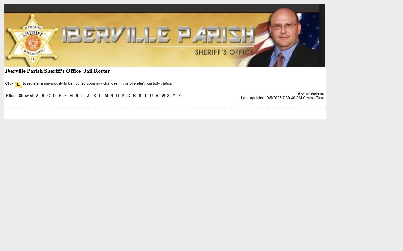 Iberville Parish LAVINE roster for booking releases and current inmate custody