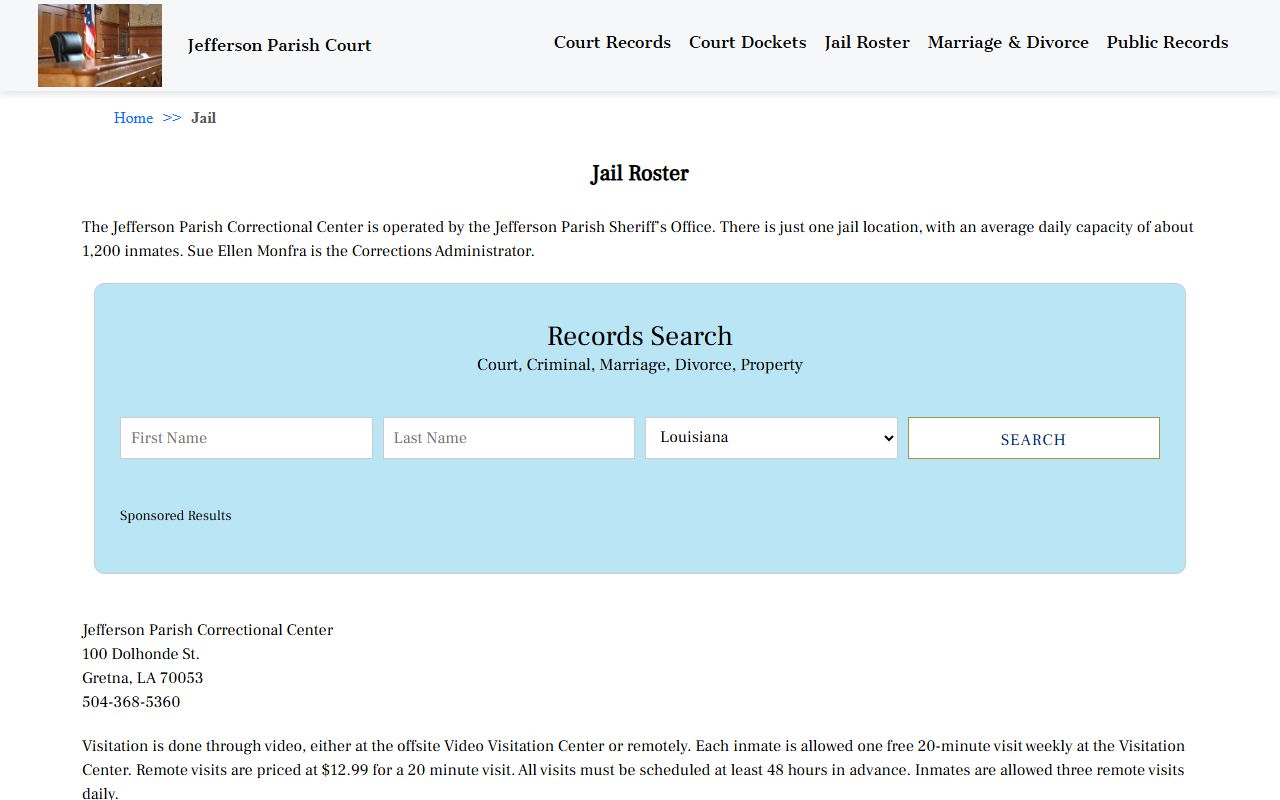 Jefferson Parish jail roster for booking releases and current inmate custody