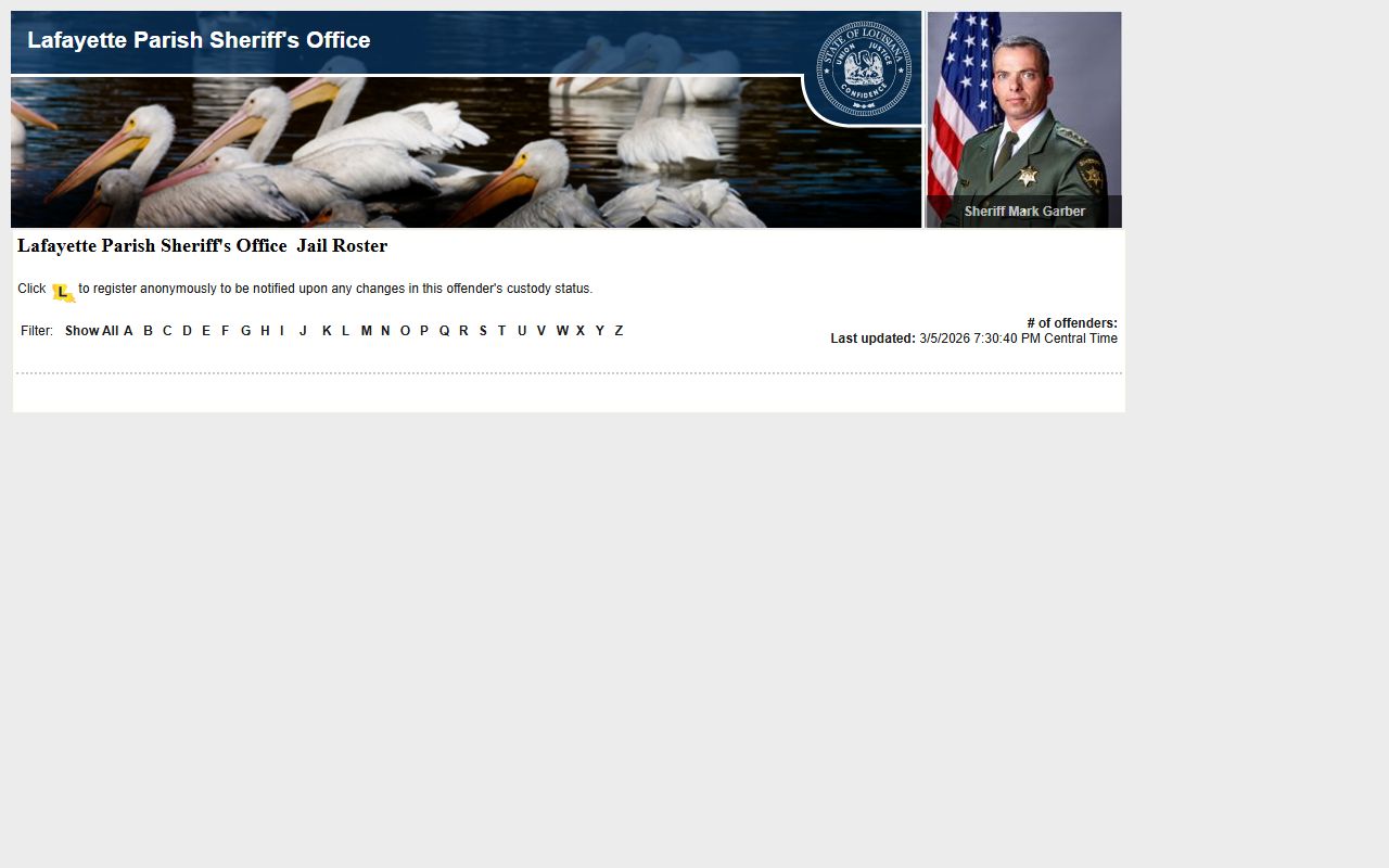 Lafayette Parish LAVINE roster for booking releases and inmate custody data