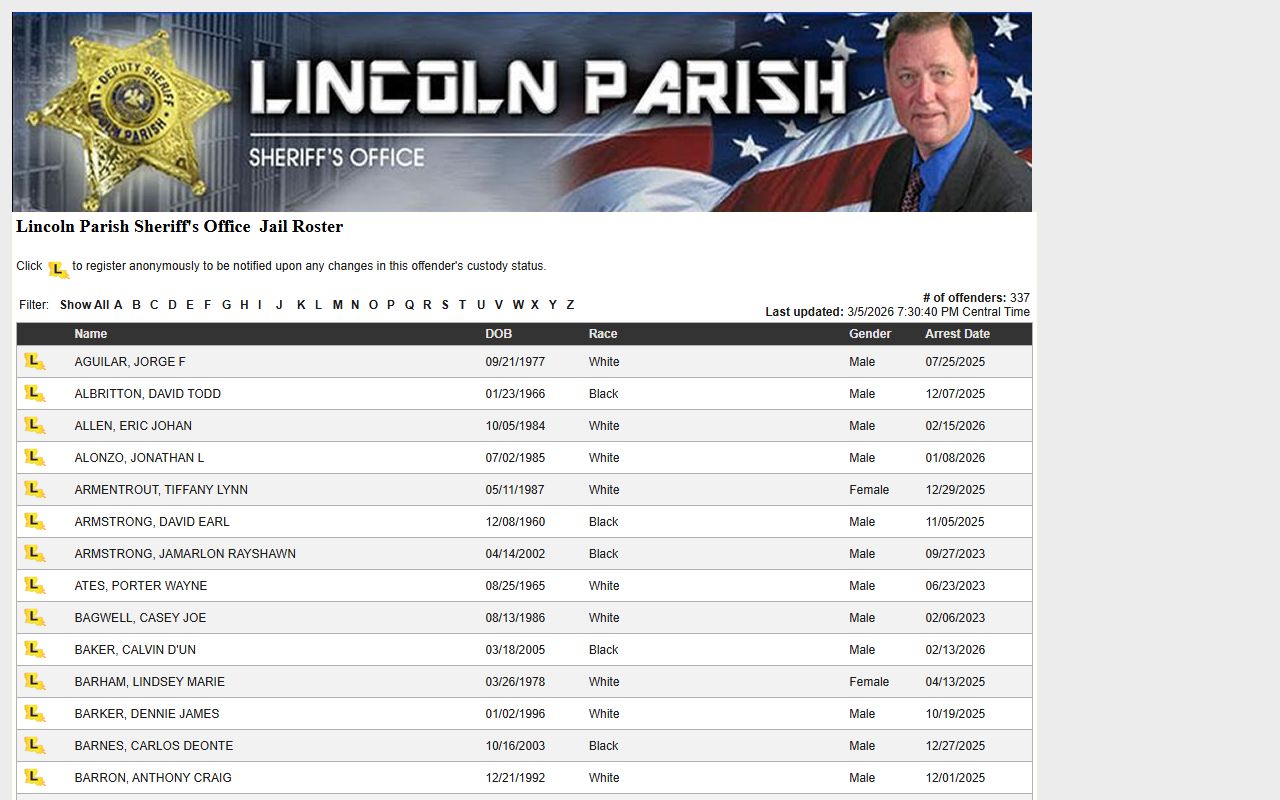 Lincoln Parish LAVINE roster for booking releases and current inmate custody status