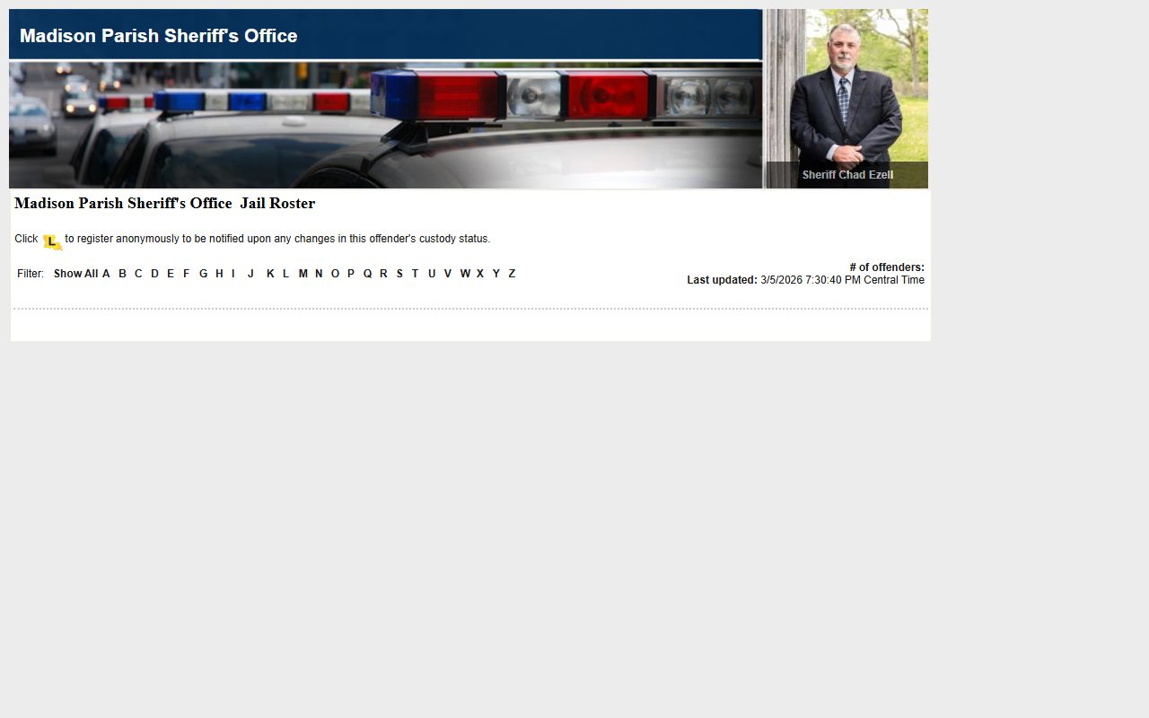 Madison Parish LAVINE roster for booking releases and current inmate custody data