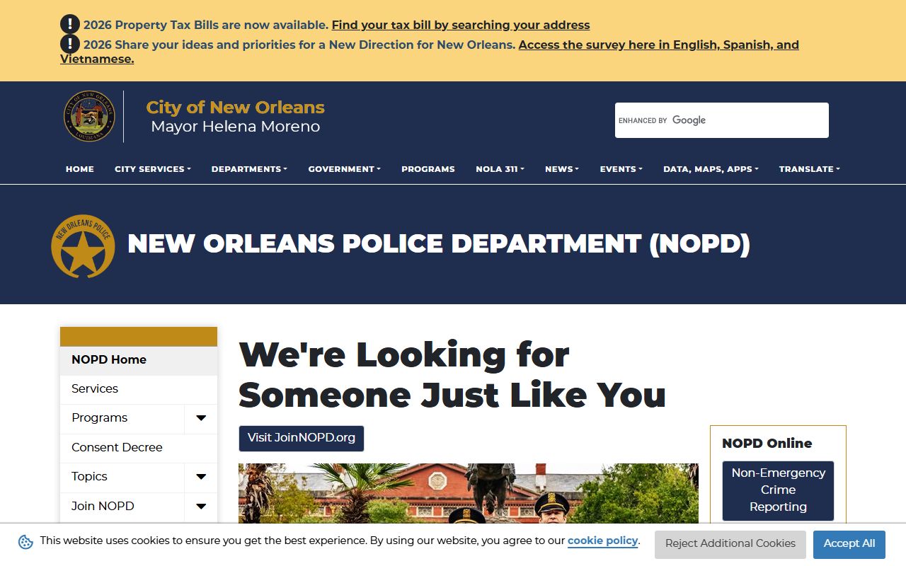 New Orleans Police Department official website for Orleans Parish booking releases