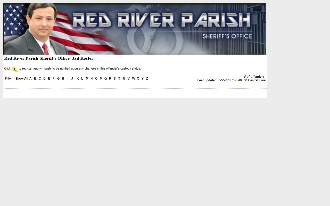 Red River Parish LAVINE roster for booking releases and current inmate custody data