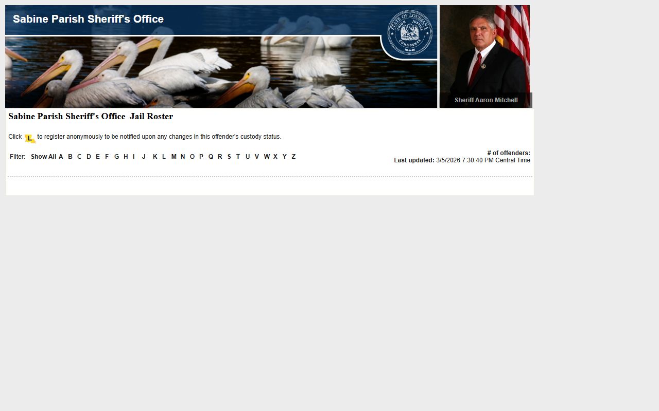 Sabine Parish LAVINE roster for booking releases and current inmate custody data