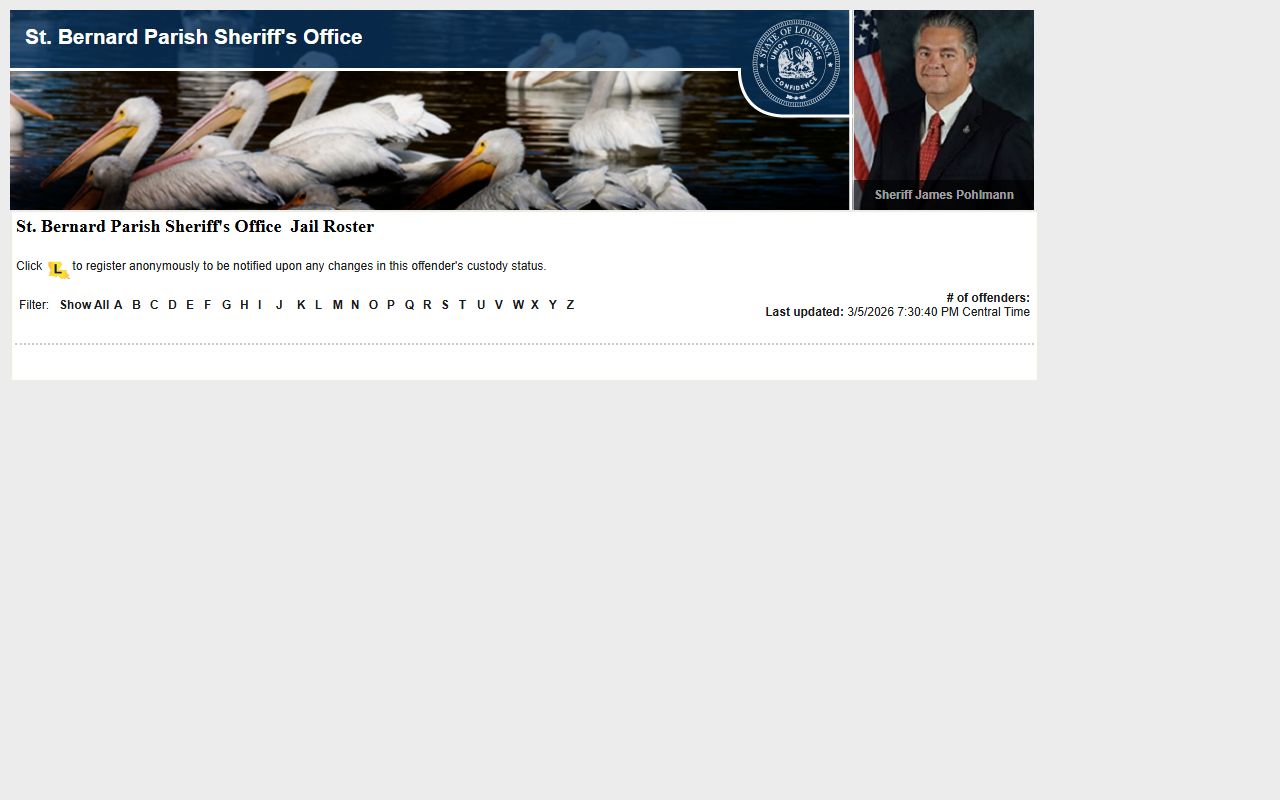 St. Bernard Parish LAVINE roster for booking releases and current inmate custody data