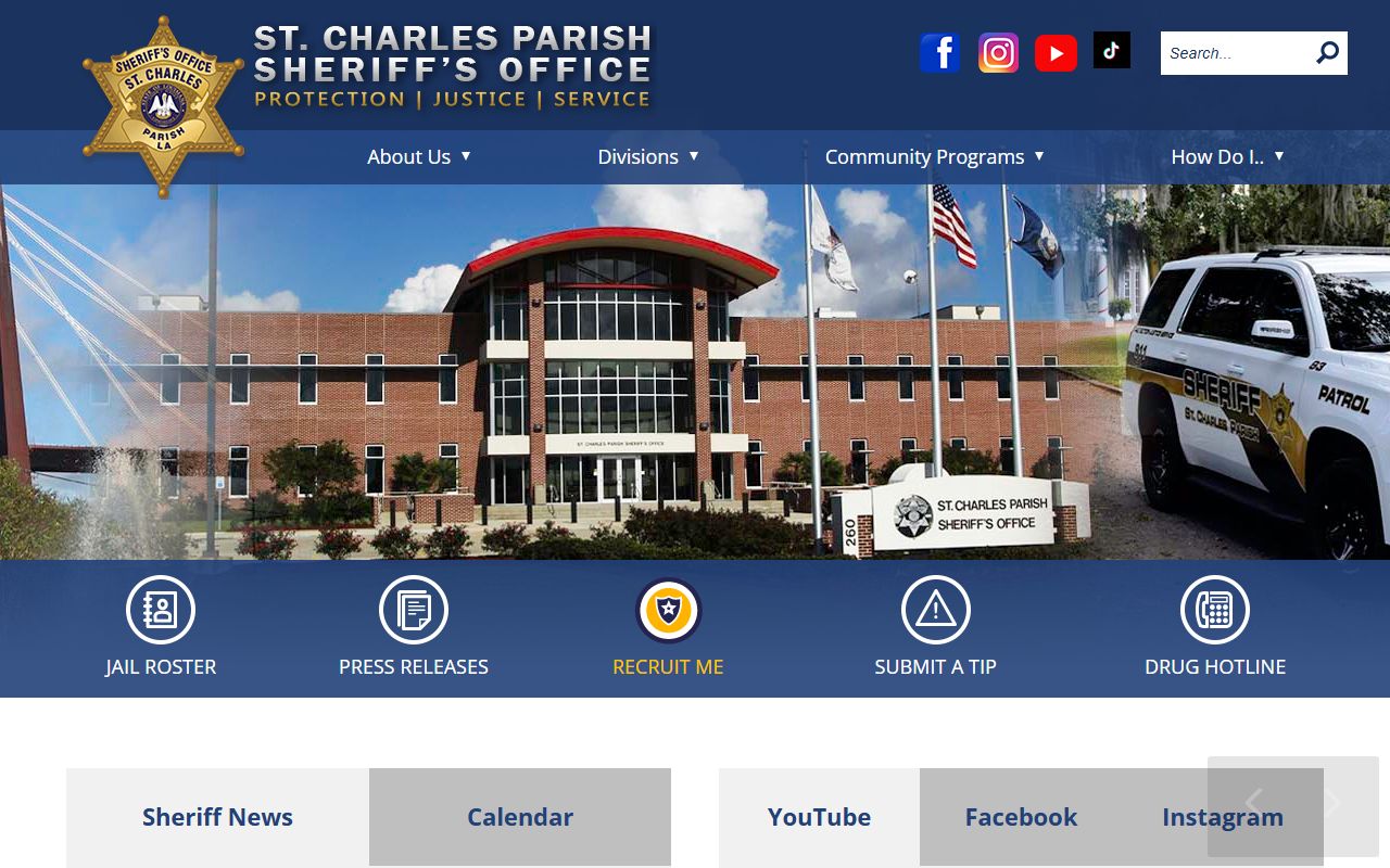 St. Charles Parish Sheriff's Office website with live inmate list for booking releases