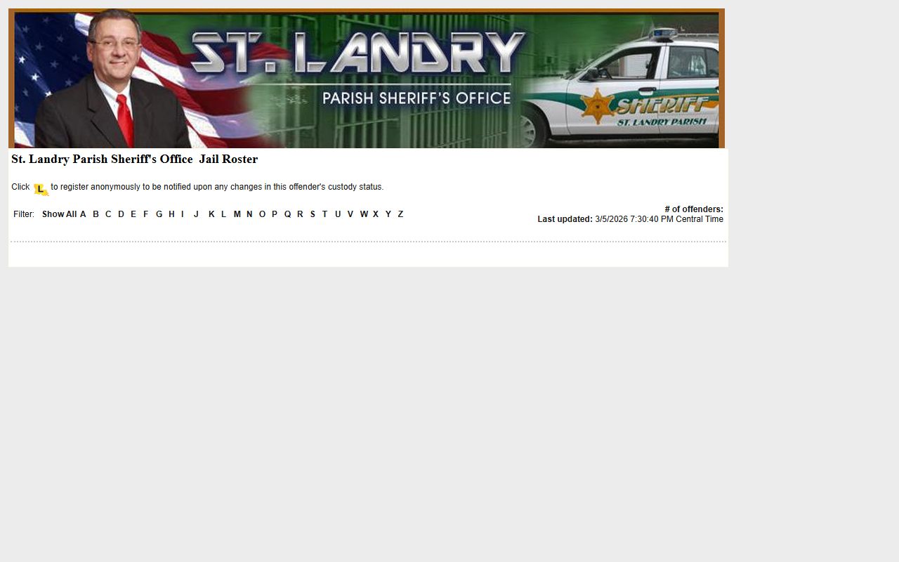 St. Landry Parish LAVINE roster for booking releases and current inmate custody data