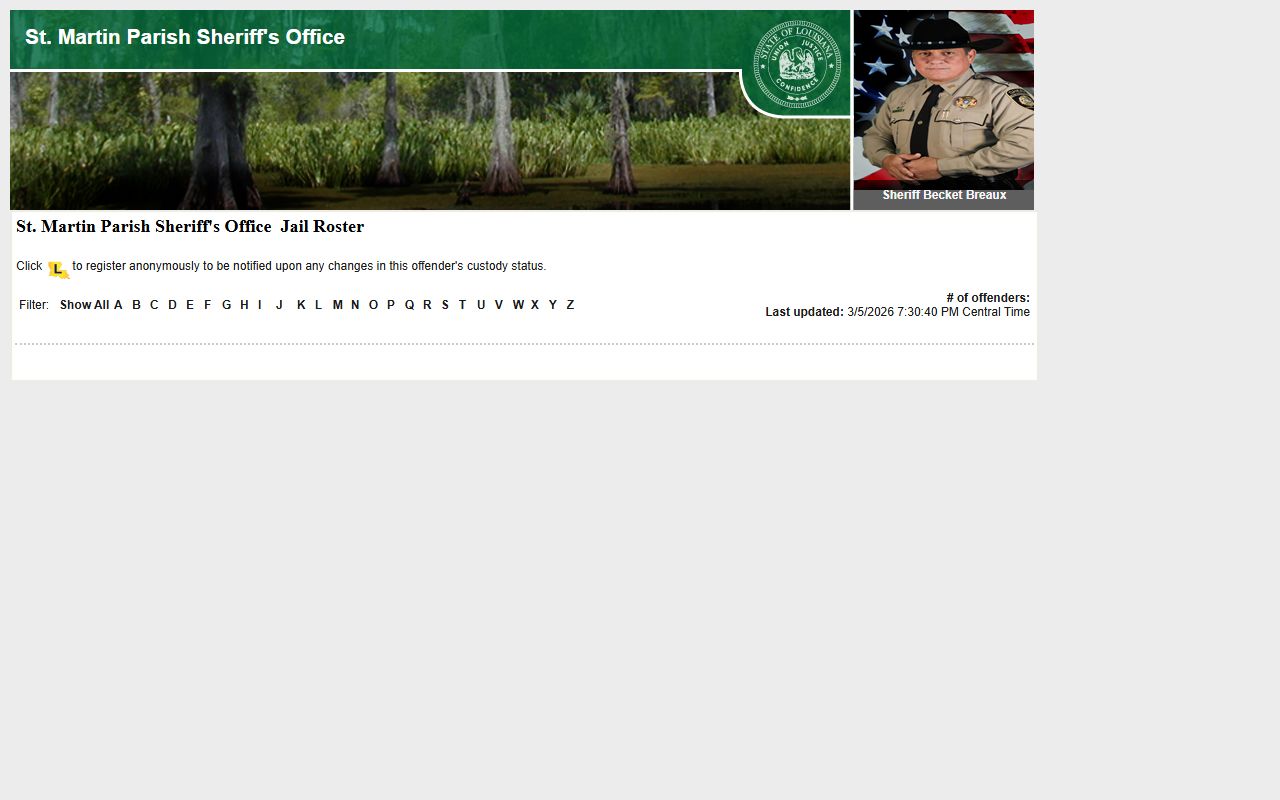 St. Martin Parish LAVINE roster for booking releases and current inmate custody data