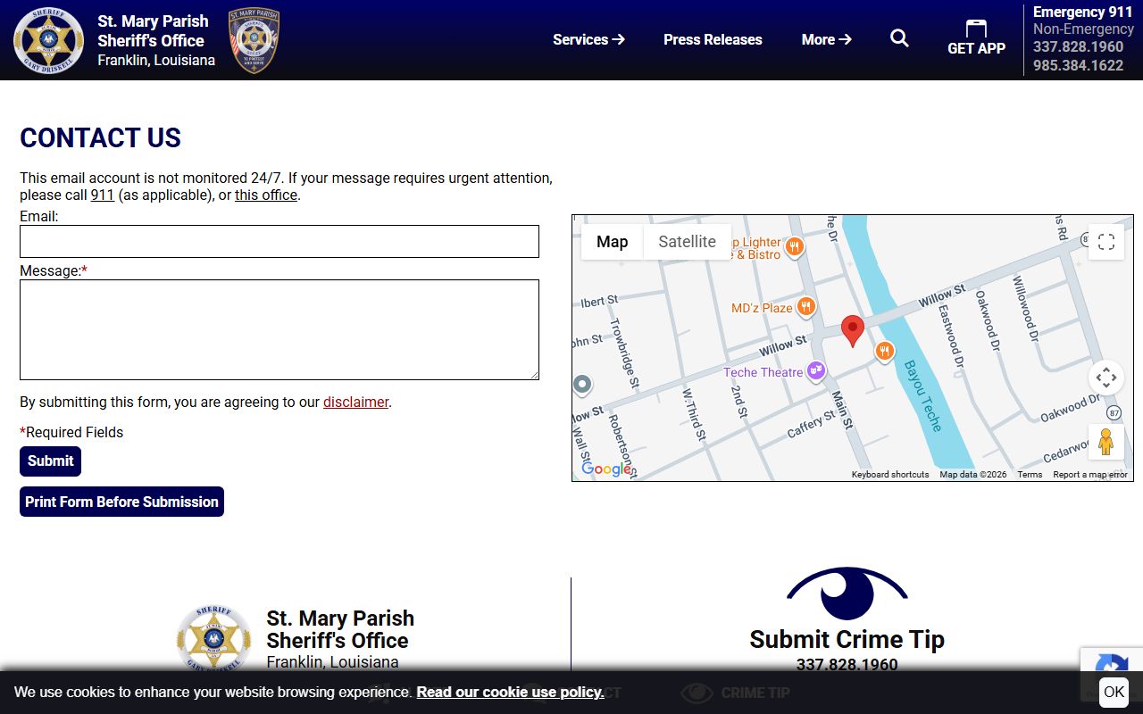 St. Mary Parish Sheriff's Office contact page for booking releases and records requests