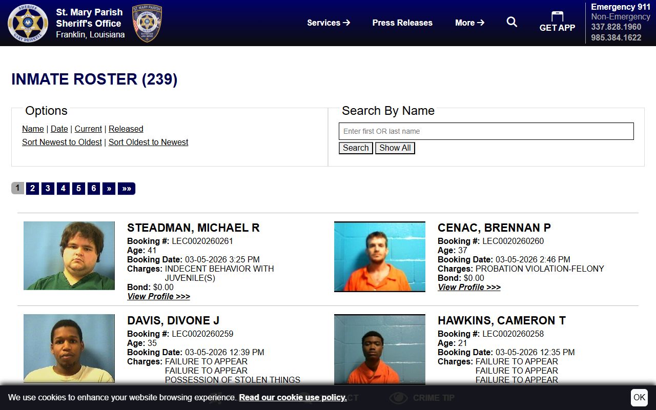 St. Mary Parish Sheriff's Office inmate roster for booking releases and current custody data