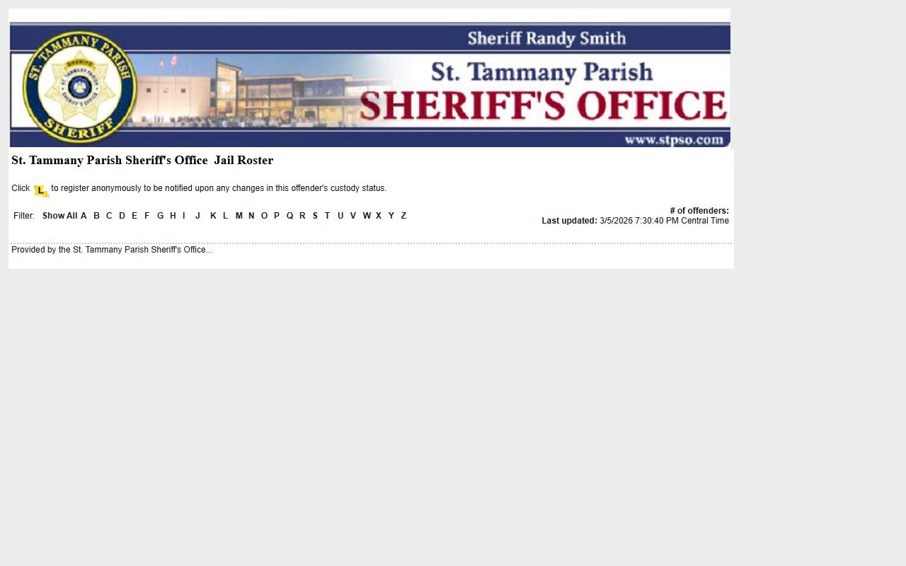 St. Tammany Parish LAVINE roster for booking releases and current inmate custody data