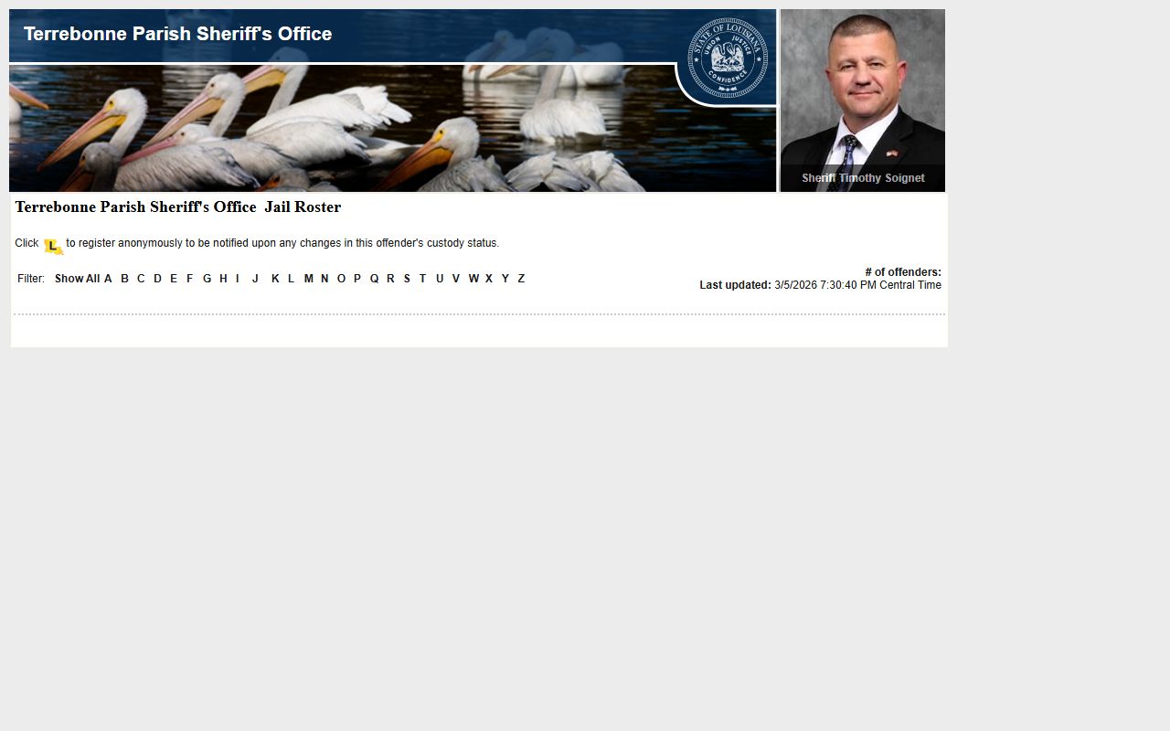 Terrebonne Parish LAVINE roster for booking releases and current inmate custody data