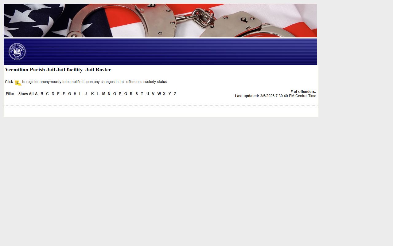 Vermilion Parish LAVINE roster for booking releases and current inmate custody data