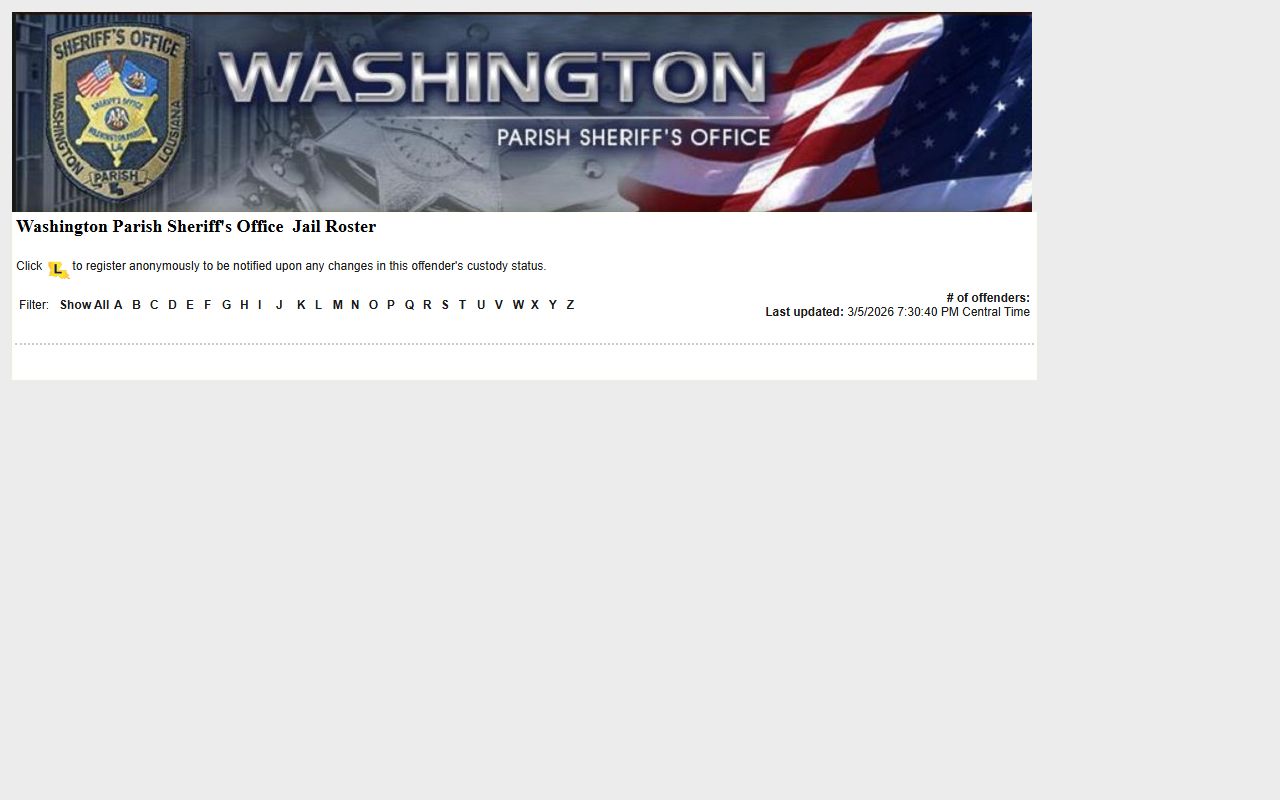 Washington Parish LAVINE roster for booking releases and current inmate custody data