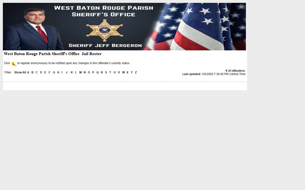 West Baton Rouge Parish LAVINE roster for booking releases and current inmate custody data