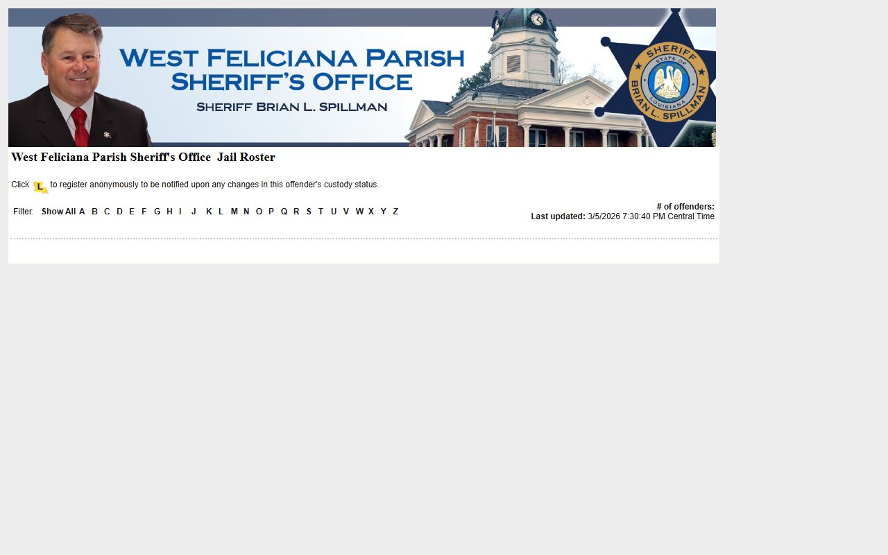 West Feliciana Parish LAVINE roster for booking releases and current inmate custody data