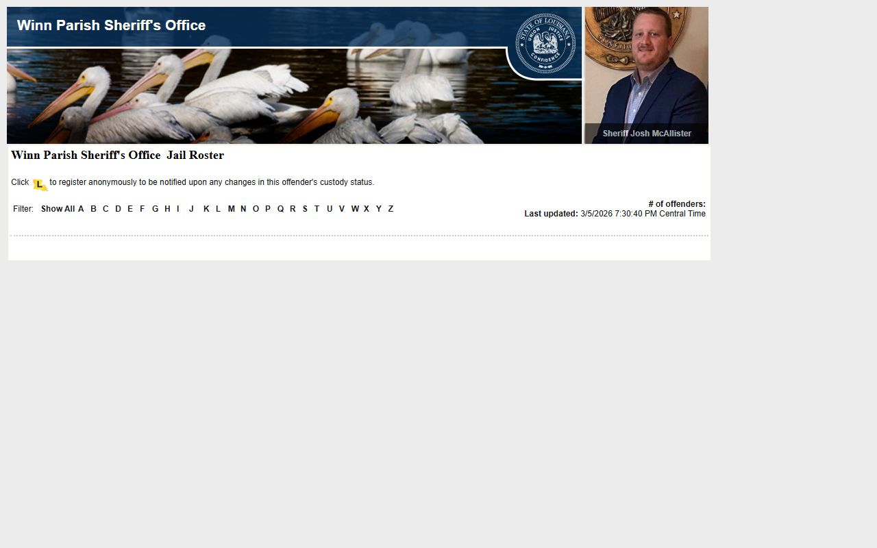 Winn Parish LAVINE roster for booking releases and current inmate custody data