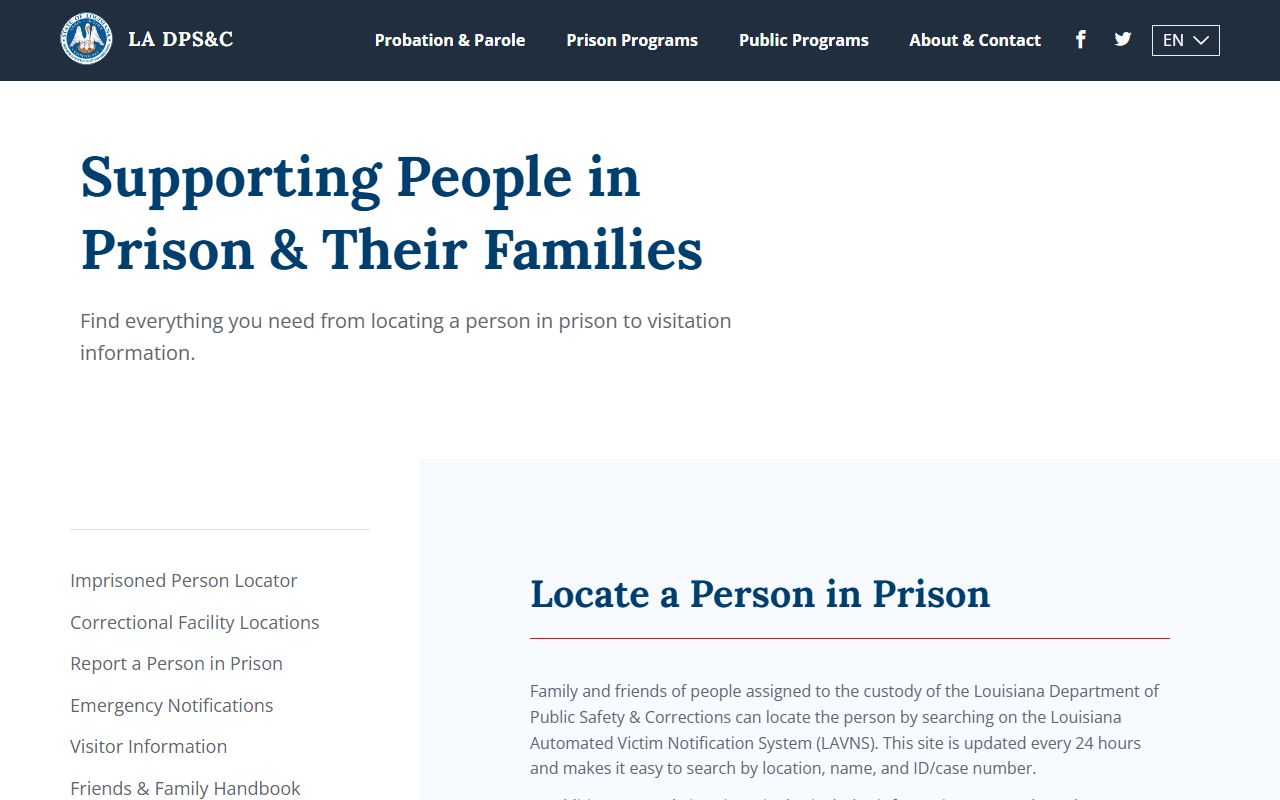 Louisiana DPS&C offender information page for booking releases and inmate search