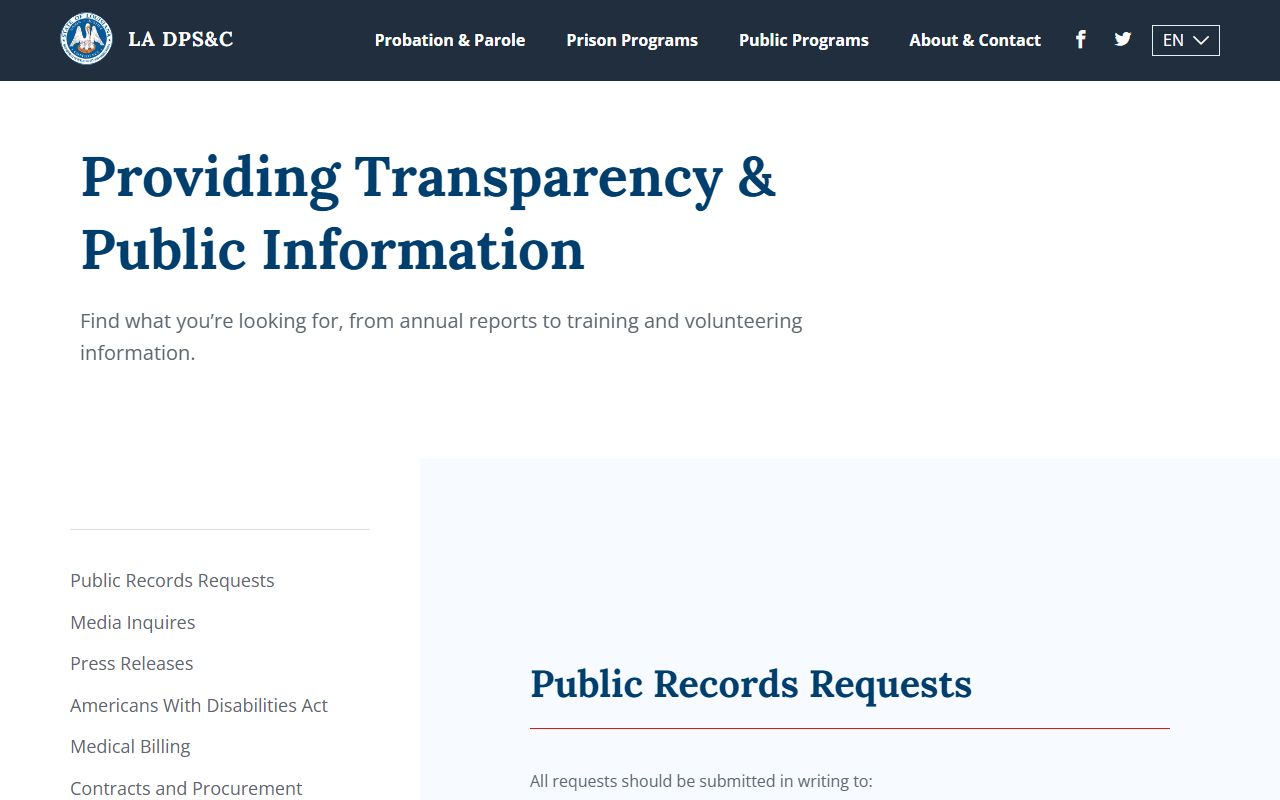 Louisiana DPS&C public records information page for booking release requests