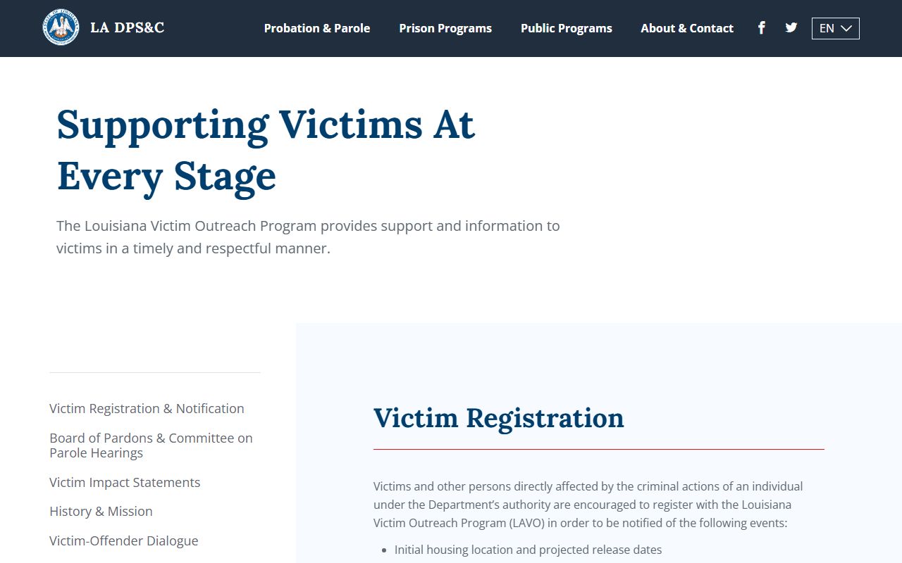 Louisiana DPS&C victim services page for LAVINE booking release notifications